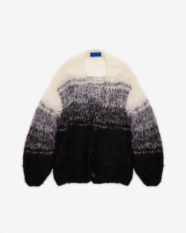 Long cardigan en mohair tricoté main – Dégradé noir et ivoire : Pulls & gilets Mes Demoiselles - Image 1