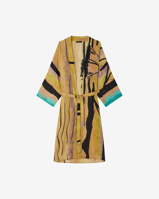 Kimono Shoula - Sable : Kimono imprimé en soie précieuse sur fond ocre Mes Demoiselles - Dernière image