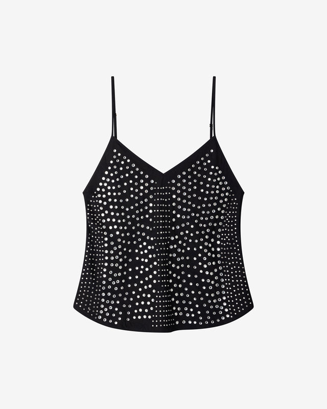 Top Sissi - Noir : Top à fines bretelles en satin jacquard – noir & clous décoratifs Mes Demoiselles - Dernière image