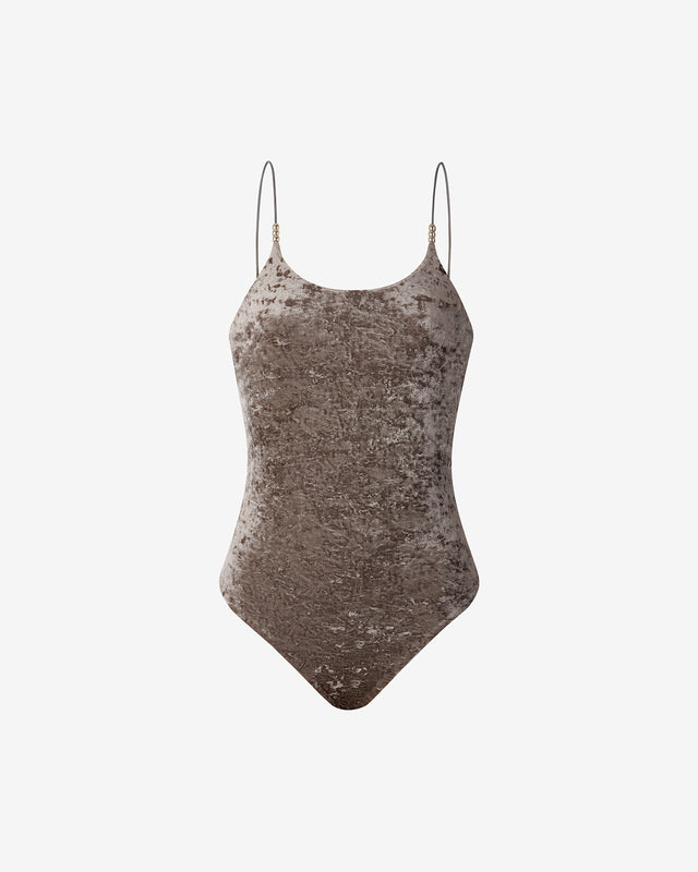 Maillot De Bain Valentine - Gris : Maillot de bain 1 pièce en velours gris & perles argentées Mes Demoiselles - Dernière image