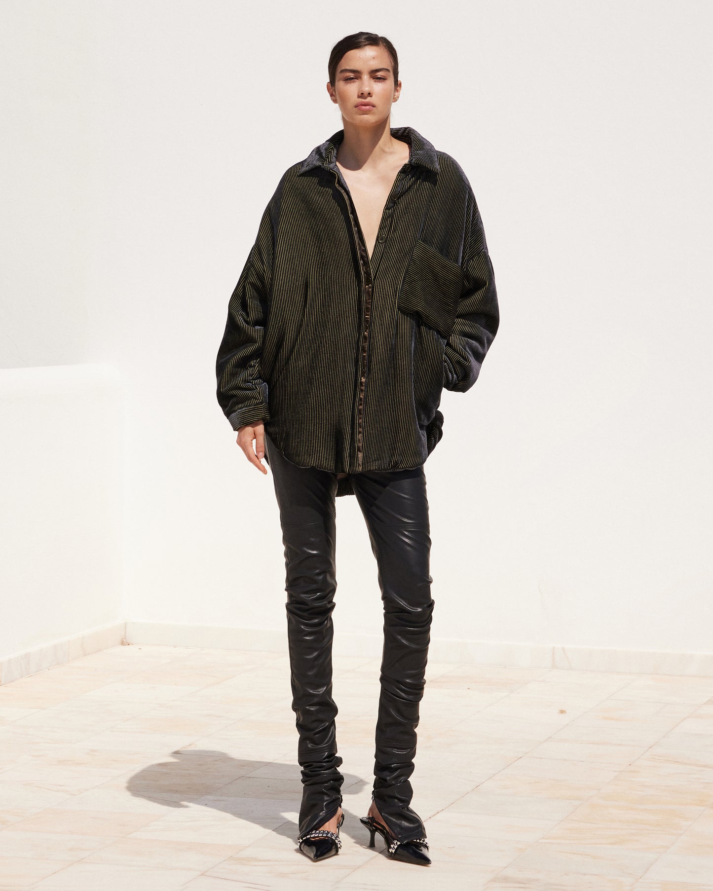 Veste-chemise en velours de soie dévoré - Vert : Manteaux & vestes Mes Demoiselles