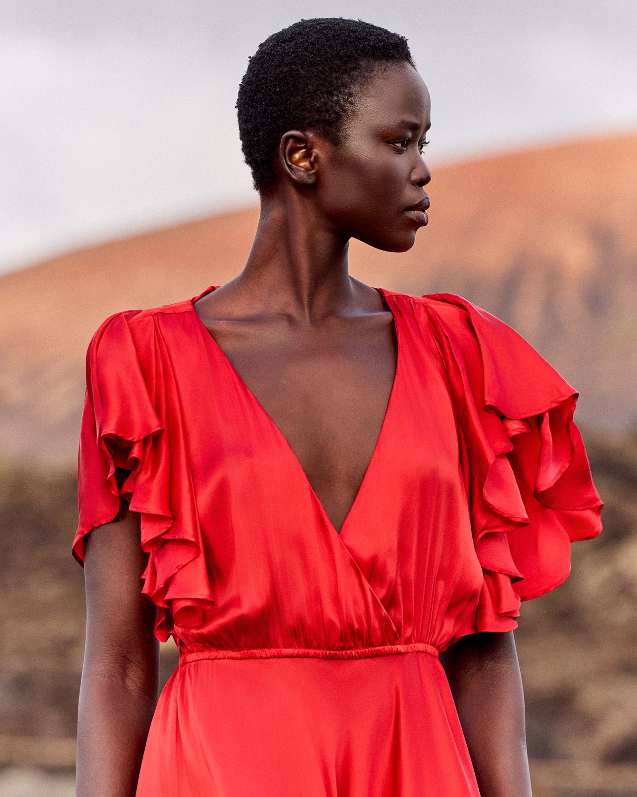 red ruffle wrap dress Cherry Red Cotton Ruffle Midi Wrap Dress 70" / Petite (5'1" and below)