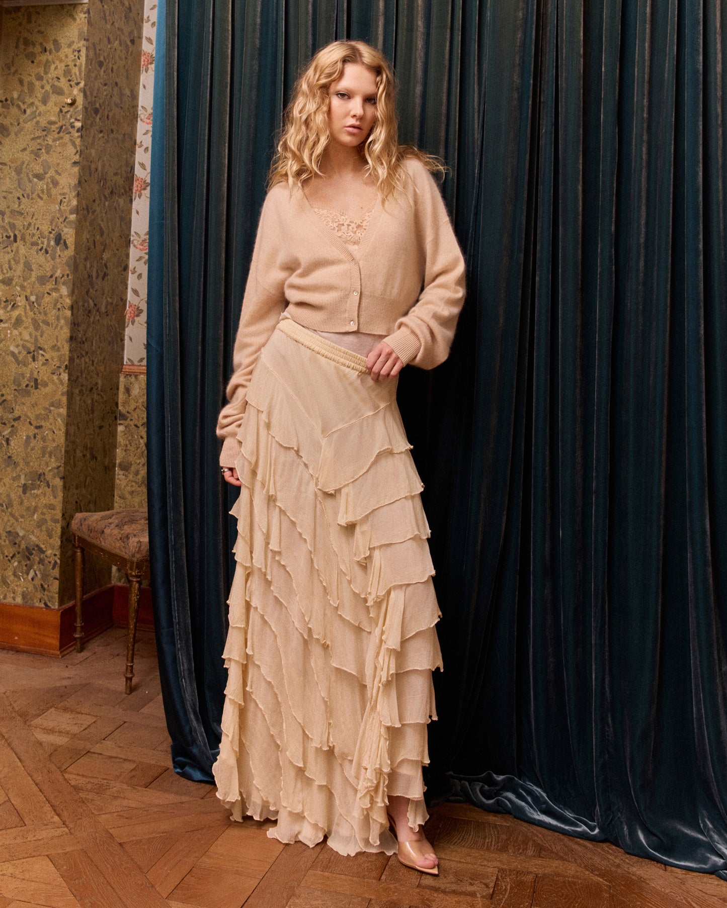 cardigan on ivory dress Deia Cardigan Maxi Dress