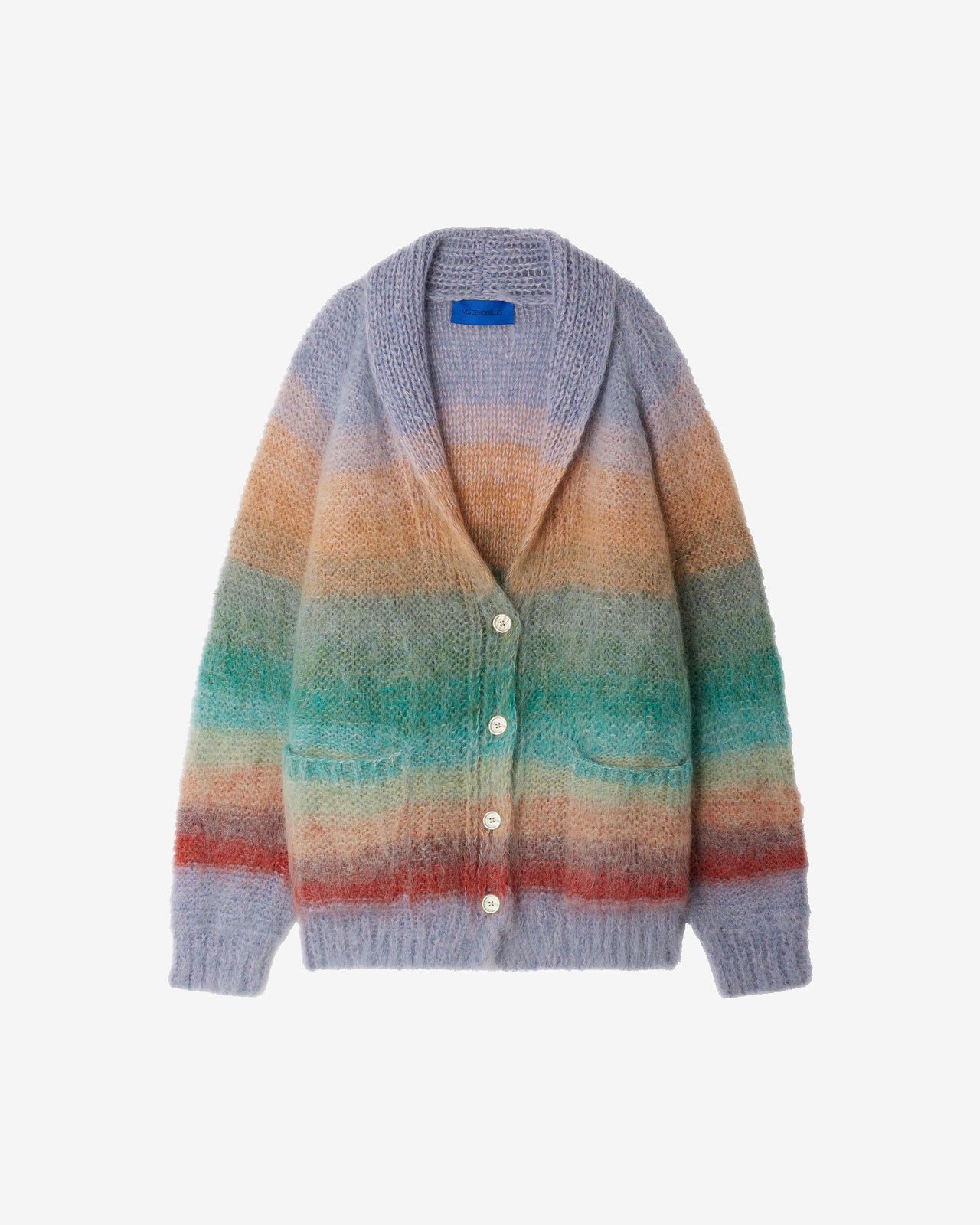 Cardigan en mohair brossé tricoté main – Dégradé bleu vert - Pulls & gilets Mes Demoiselles - Image 10