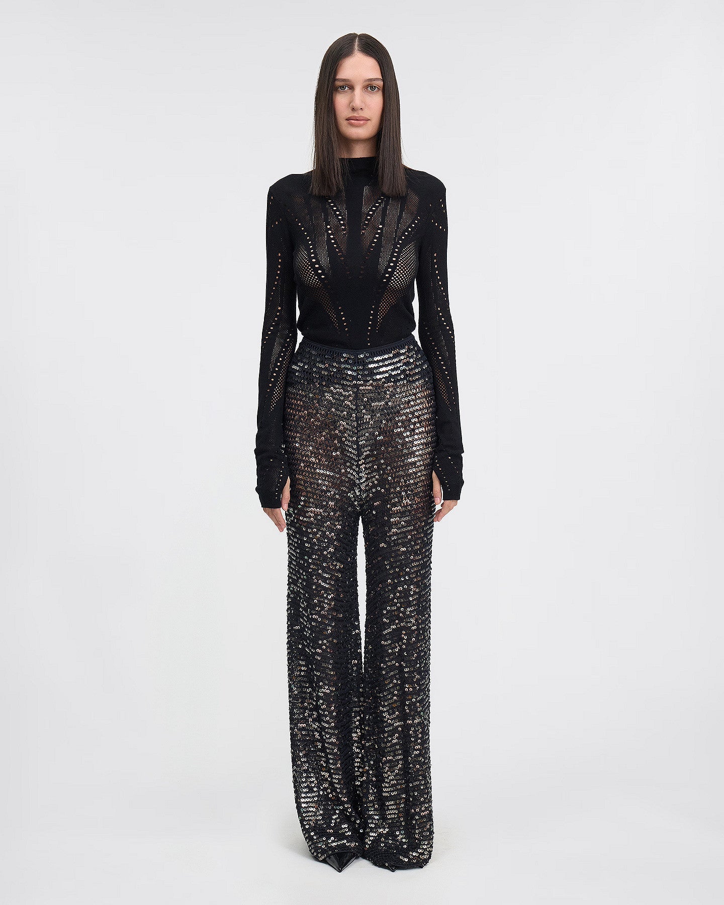 Pantalon long en filet de sequins noir : Pantalons & combinaisons Mes Demoiselles