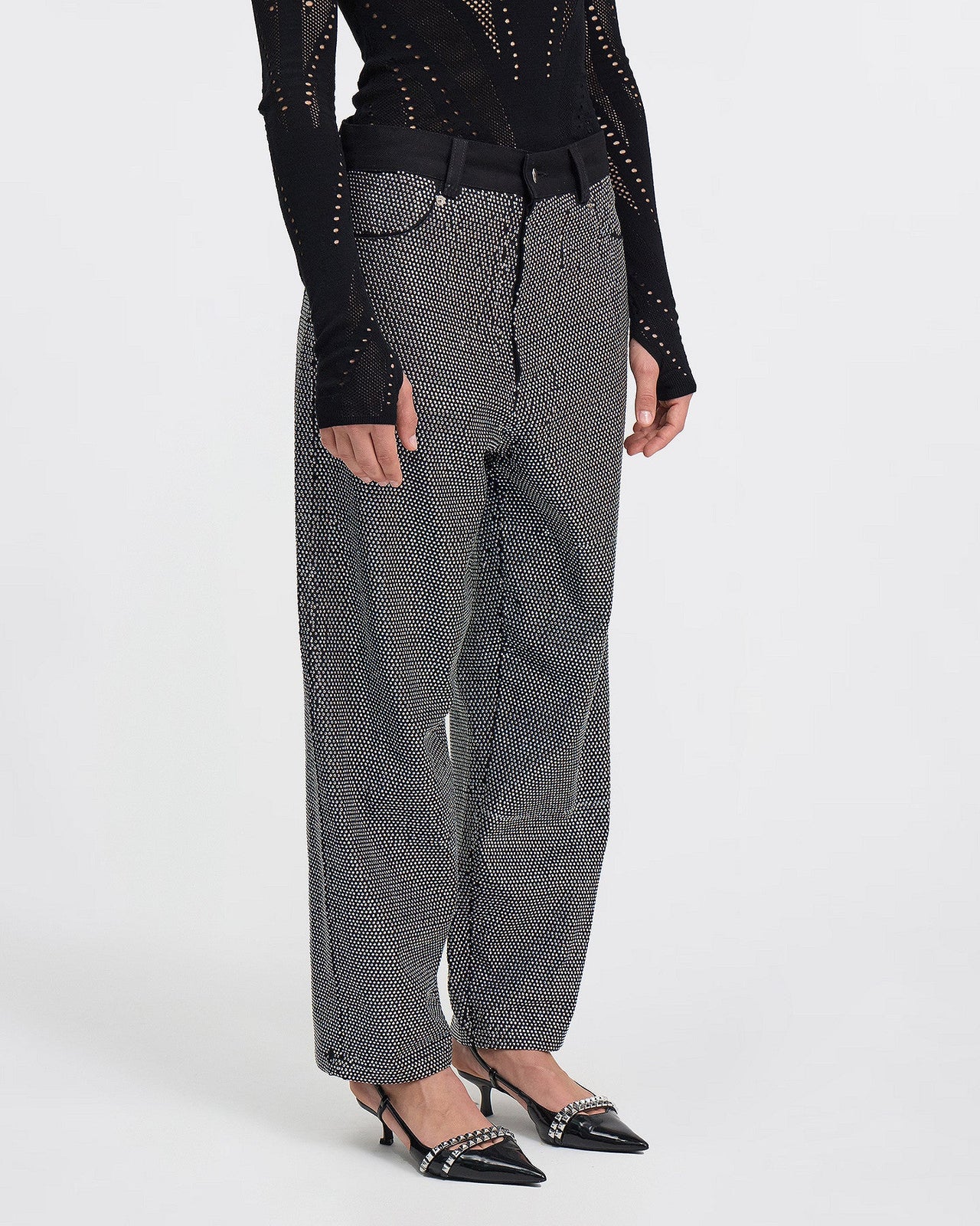 Pantalon denim noir et clous strass argent : Pantalons & combinaisons Mes Demoiselles - Image 3