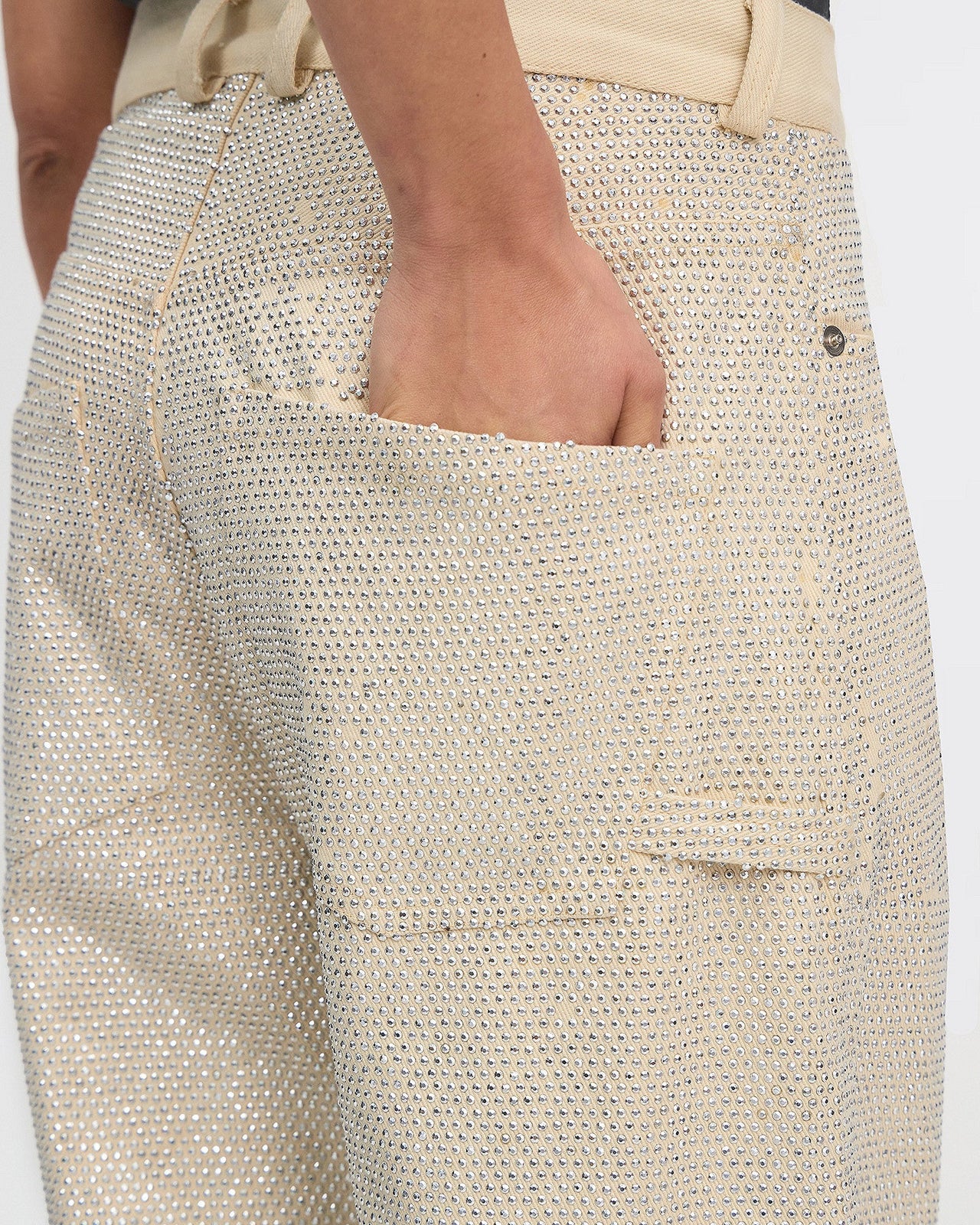 Pantalon Creme - Ecru : Pantalon denim noir et clous strass argent Mes Demoiselles - Image 5