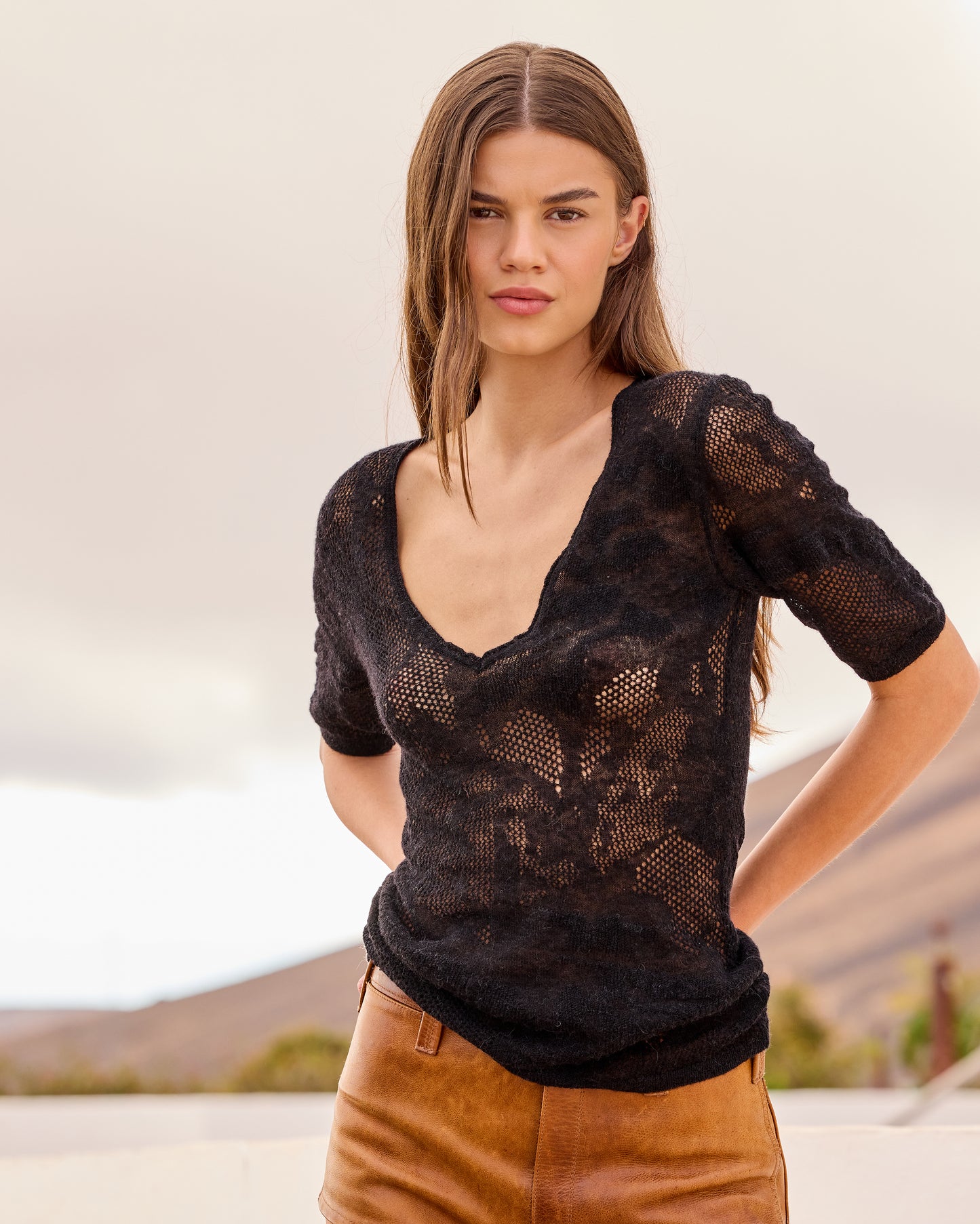 Tee - shirt en alpaca pointelle – Noir - Chemises & tops Mes Demoiselles
