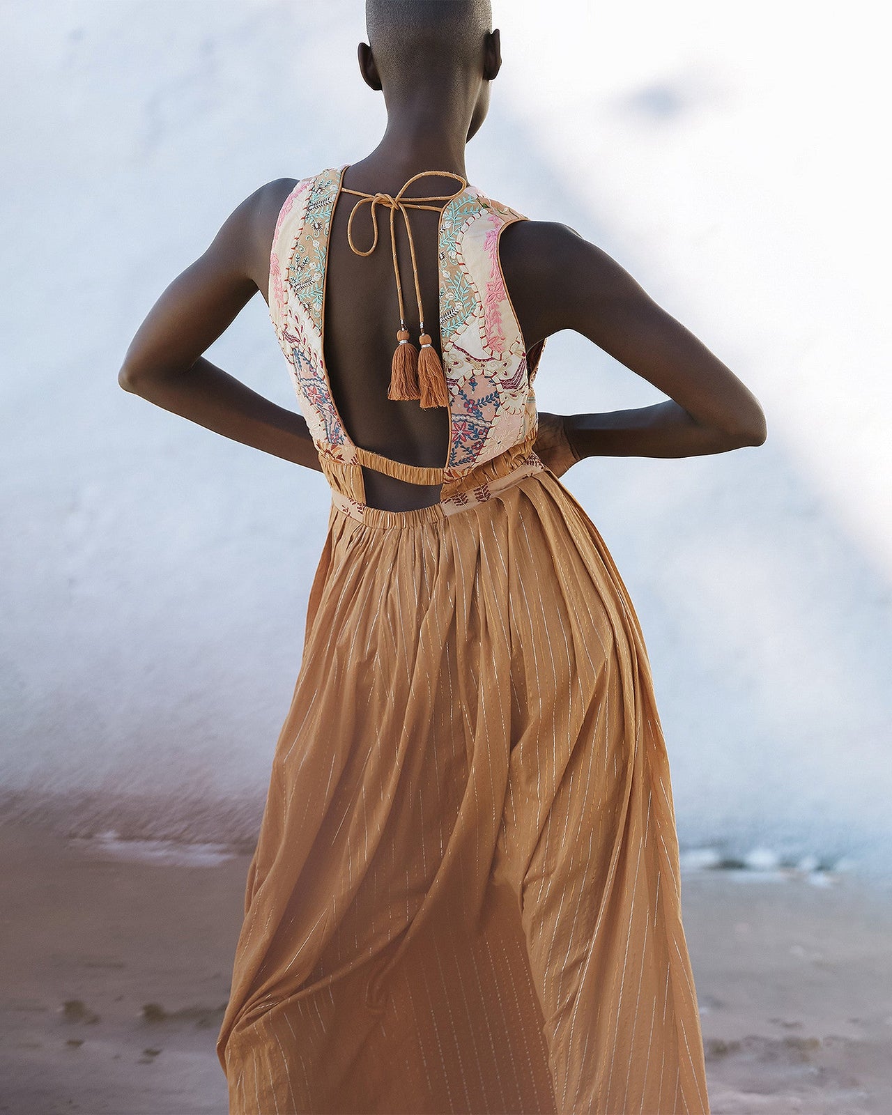 Robe New Ajna - Rose : Robe longue pastel, patchwork main, dos nu, fil lurex, volume Mes Demoiselles - Image 5