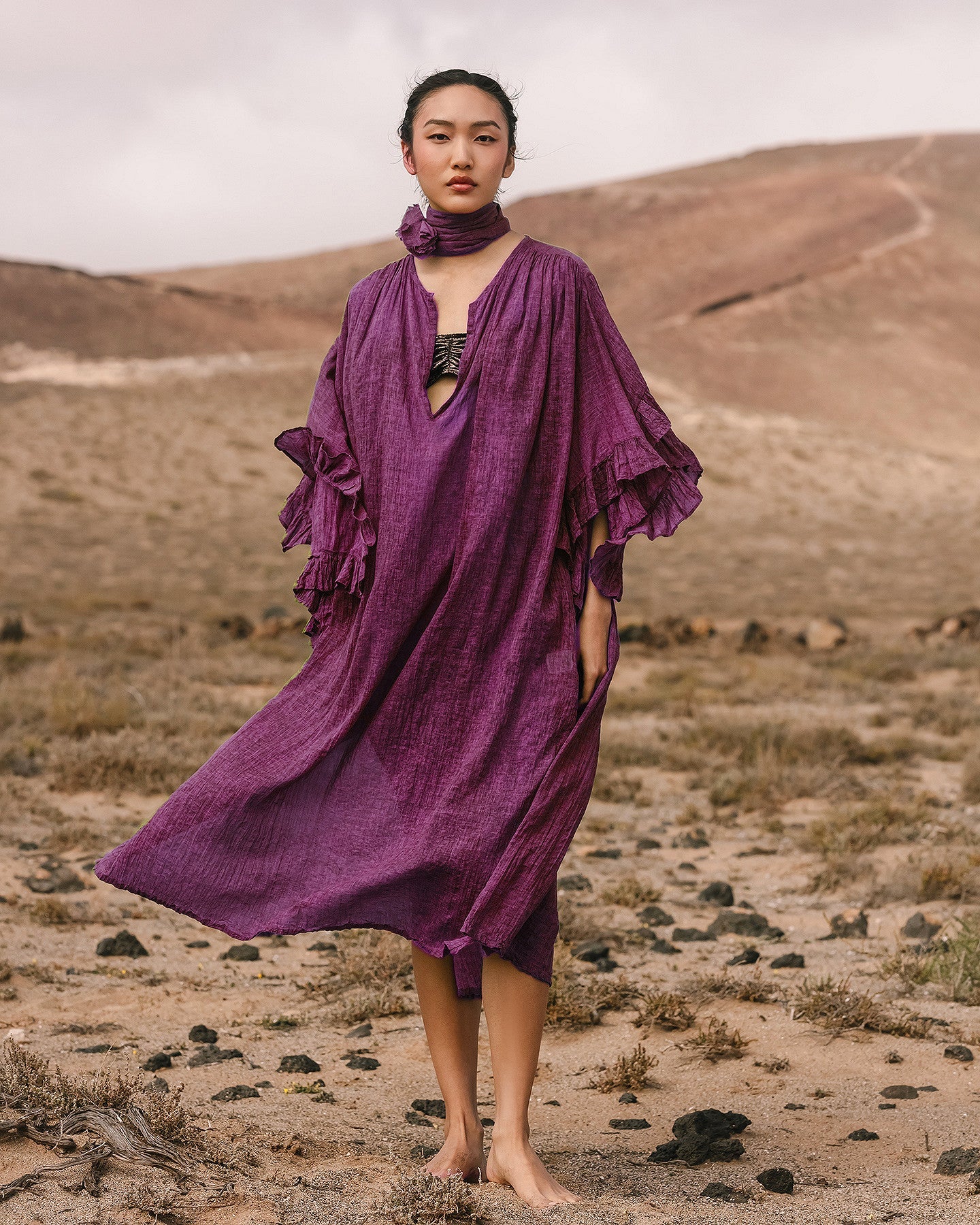 Robe coton ample violine, col V, manches drapées, doublée - Robes Mes Demoiselles